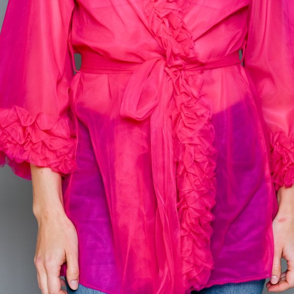 AMANDA UPRICHARD Pink Sheer Mesh Ruffle Robe - Picture 3 of 7
